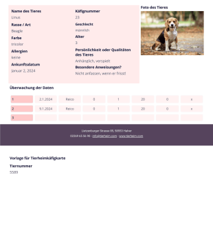 Vorlage für Tierheimkäfigkarte - PDF Templates