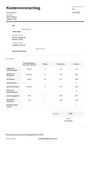 Vorlage Kostenvoranschlag - PDF-Vorlagen