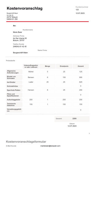 Vorlage Kostenvoranschlag - PDF Templates