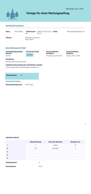 Vorlage Wartungsauftrag - PDF-Vorlagen