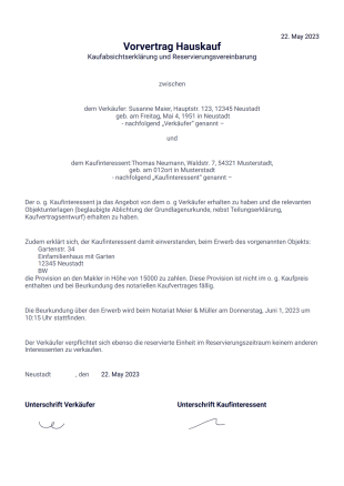 Vorvertrag Hauskauf - PDF Templates