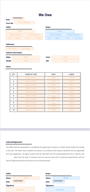We Owe Form PDF Template