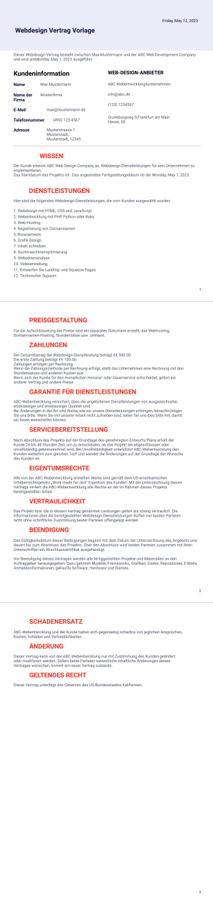 Webdesign Vertrag Vorlage - PDF-Vorlagen