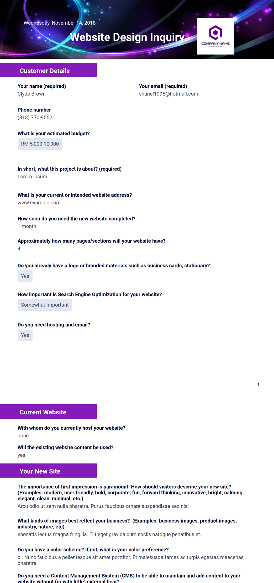 Webform Inquiry Website Design Inquiry PDF Template | Jotform