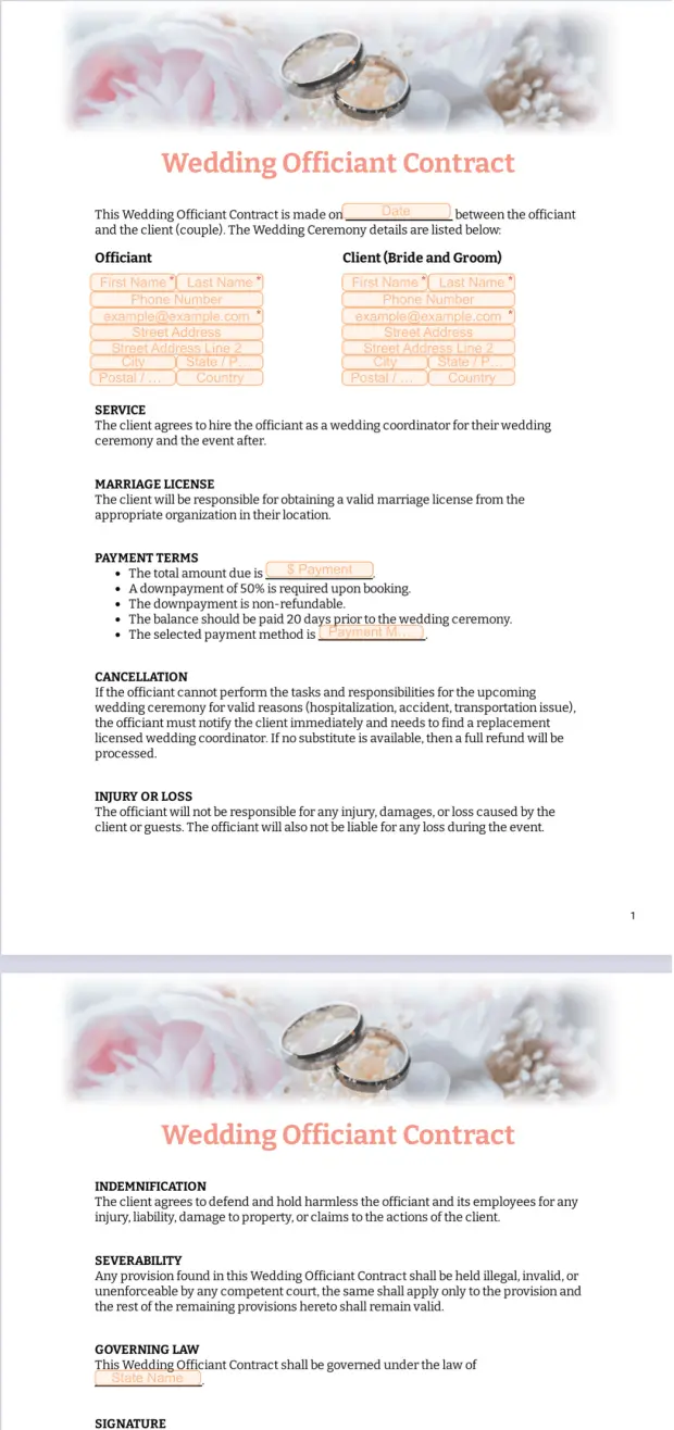 Wedding Officiant Contract Template