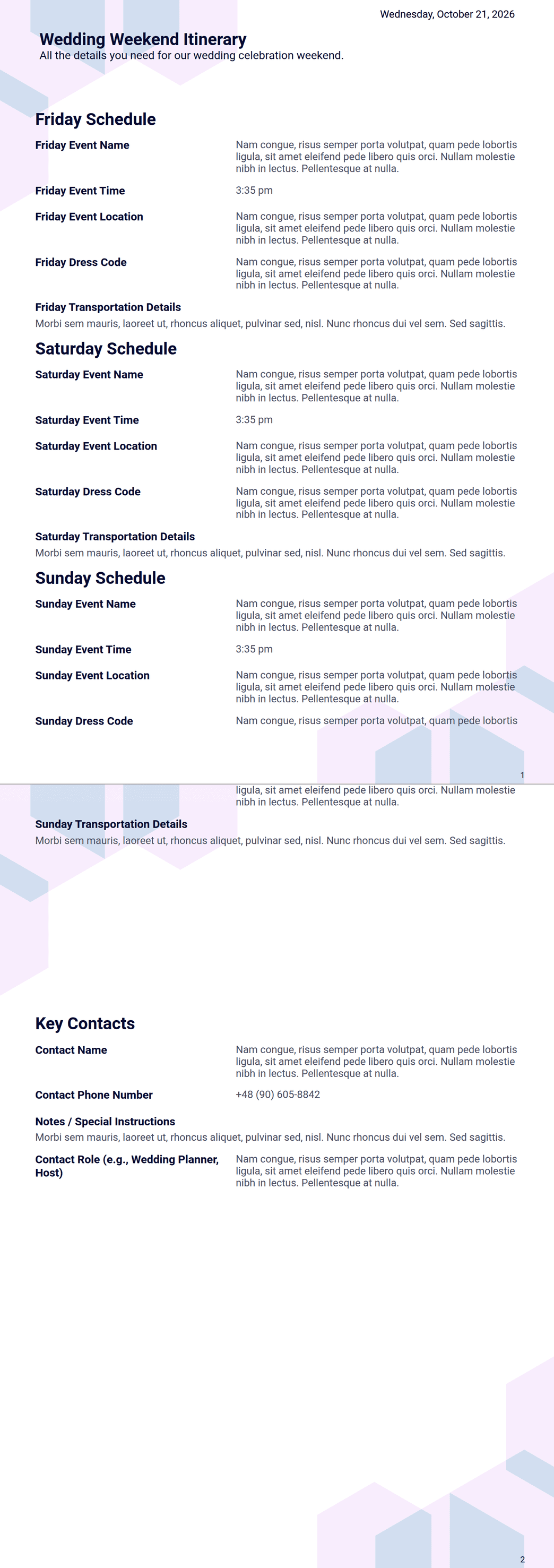 Wedding Weekend Itinerary PDF Template | Jotform