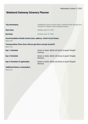 Weekend Getaway Itinerary Planner Template - PDF Templates