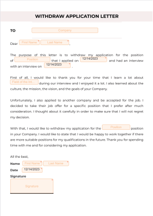 Withdraw Application Letter PDF Template