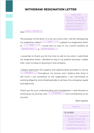 Withdraw Resignation Letter PDF Template