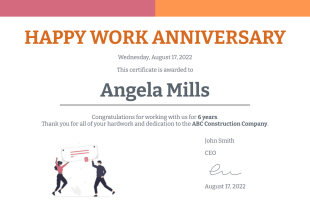 Work Anniversary Certificate Template - PDF Templates