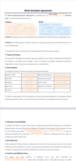 Work Schedule Agreement Template - PDF Templates