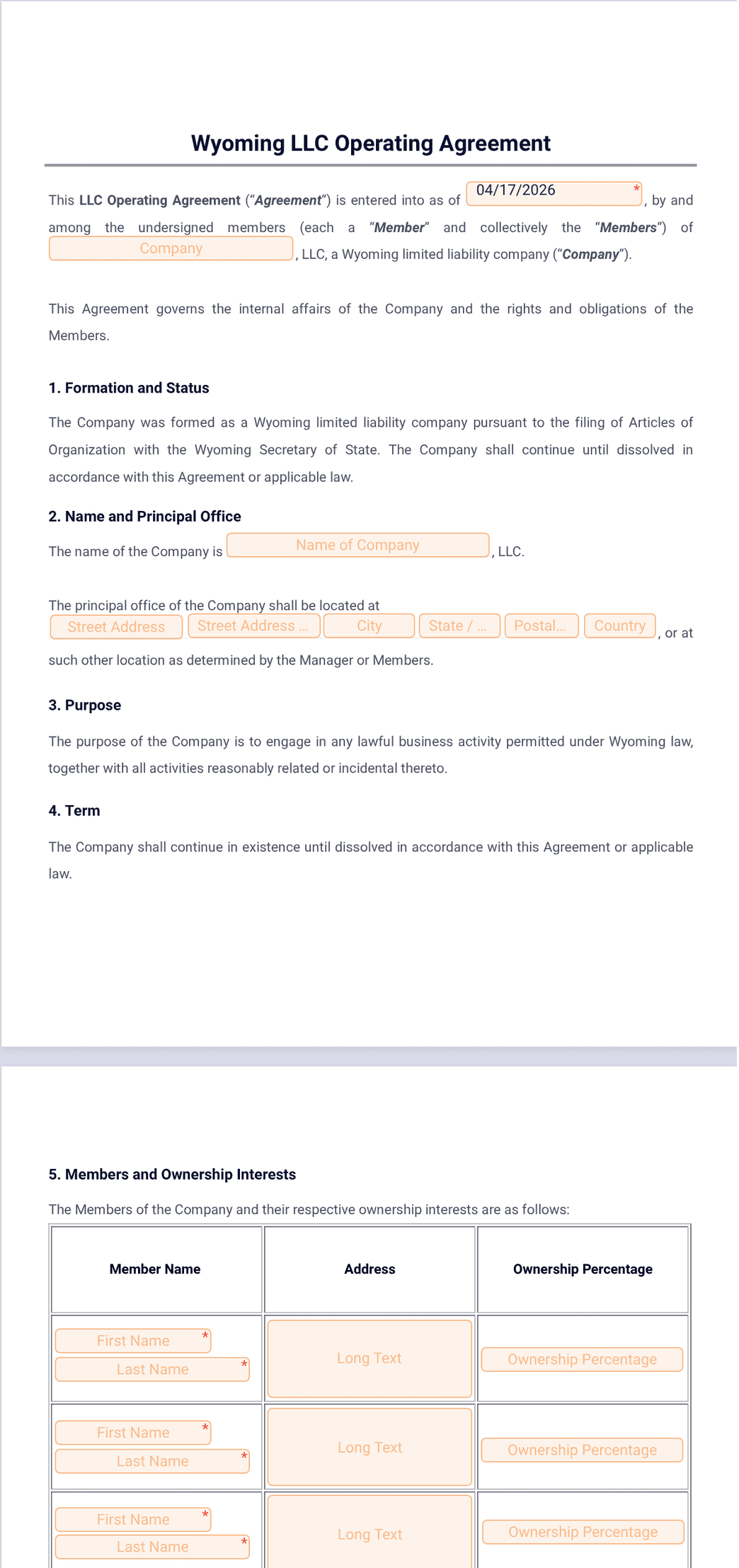 Wyoming LLC Operating Agreement Template - PDF Templates | Jotform