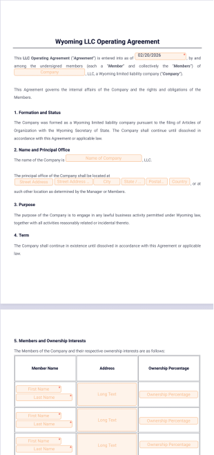 Wyoming LLC Operating Agreement Template - PDF Templates