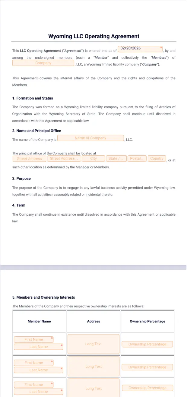Wyoming LLC Operating Agreement Template