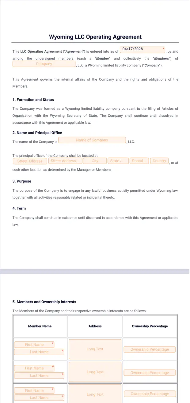 Wyoming LLC Operating Agreement Template PDF Templates Jotform