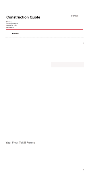 Yapı Fiyat Teklifi Formu Şablonu - PDF Şablonları
