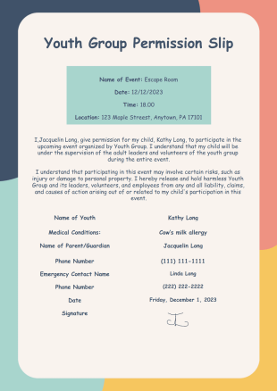 Youth Group Permission Slip Template - PDF Templates