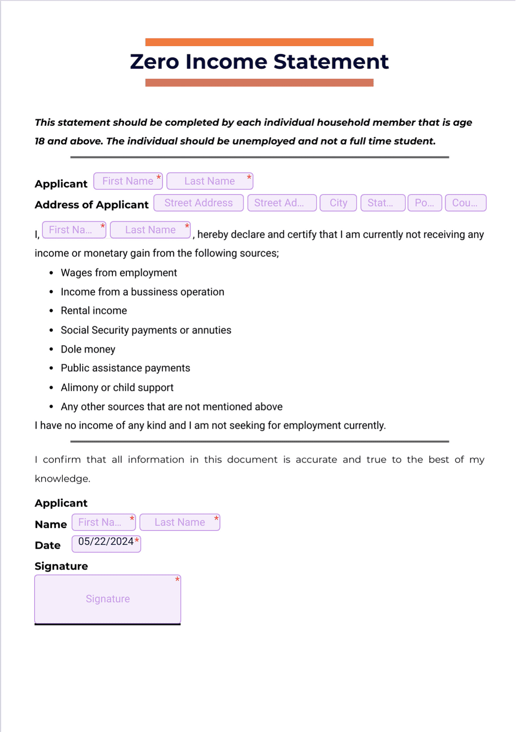 Zero Income Statement Pdf Templates Jotform 5093