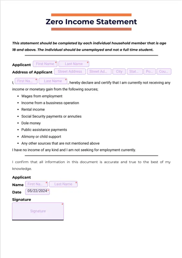 No Income Statement Example Zero Income Statement PDF Template | Jotform