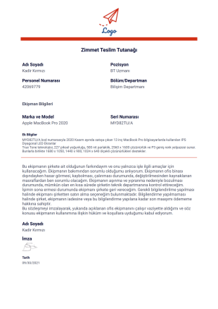 Zimmet Teslim Tutanağı PDF Şablonu