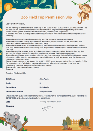 Zoo Field Trip Permission Slip Template - PDF Templates