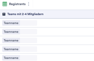 Anmeldeformular für Teams Tabellenvorlage